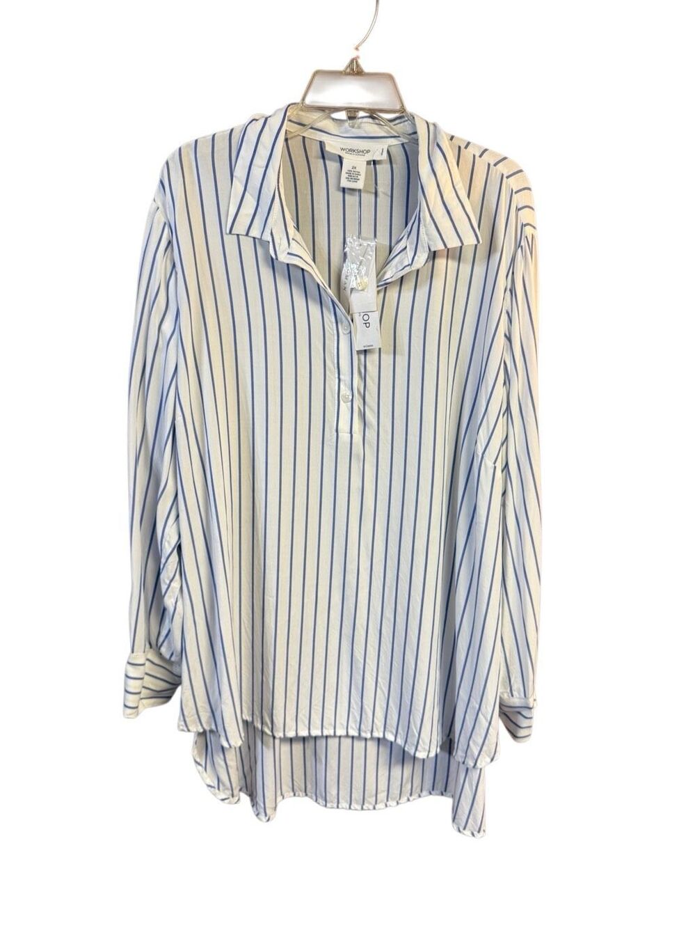 Workshop blue/ white Flowy vertically striped half-placket blouse Sz 2X NWT